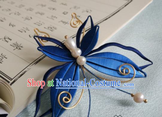 Chinese Ancient Princess Blue Silk Butterfly Hair Stick Traditional Pearls Hair Claw Ming Dynasty Hair Accessories