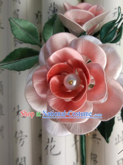 Chinese Song Dynasty Hair Accessories Ancient Princess Hair Stick Traditional Pink Silk Camellia Hairpin