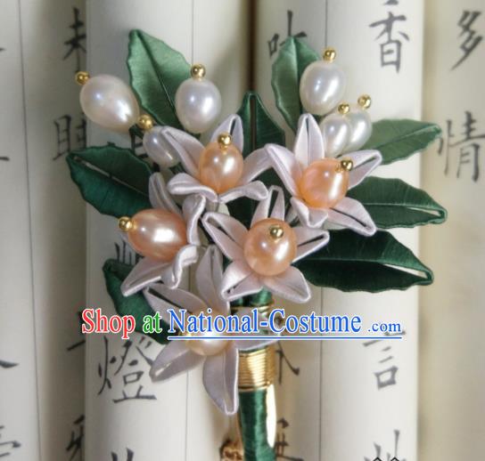 Chinese Traditional Silk Flowers Hairpin Song Dynasty Hair Accessories Ancient Princess Pearls Hair Stick