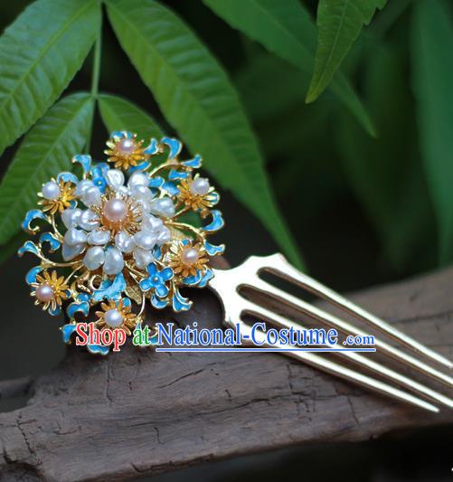 Chinese Ancient Empress Blueing Hairpin Traditional Ming Dynasty Hanfu Pearls Hair Comb