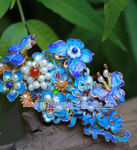 Chinese Ancient Empress Pearls Hairpin Traditional Ming Dynasty Hanfu Blueing Butterfly Hair Crown