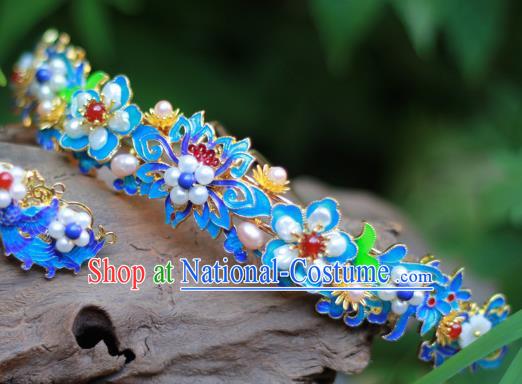 Chinese Ancient Empress Pearls Hair Crown Traditional Ming Dynasty Hanfu Blueing Lotus Hairpin