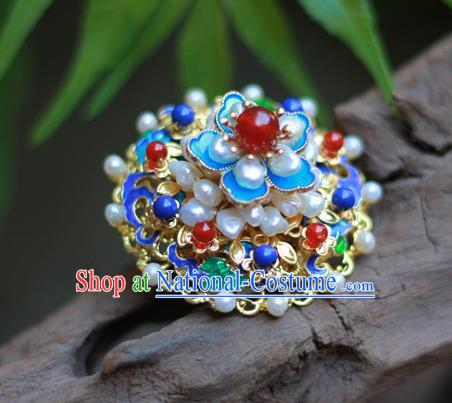 Chinese Traditional Ming Dynasty Hanfu Blueing Plum Hair Crown Ancient Empress Pearls Hairpin