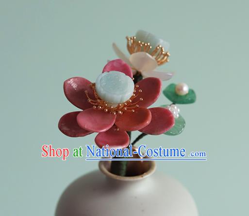 Chinese Traditional Hanfu Jadeite Hairpin Hair Accessories Ancient Princess Red Lotus Hair Stick