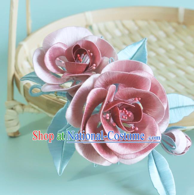 Chinese Traditional Hanfu Pink Silk Rose Hairpin Hair Accessories Ancient Princess Hair Stick