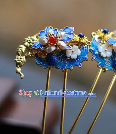 Chinese Ancient Empress Blueing Hairpins Traditional Ming Dynasty Pearls Hair Sticks