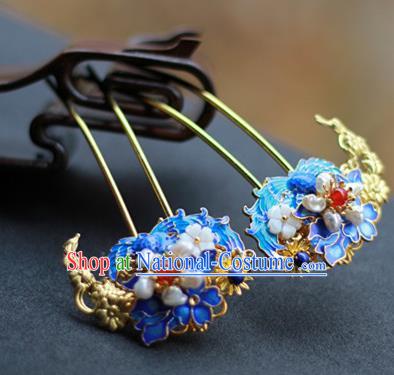 Chinese Ancient Empress Blueing Hairpins Traditional Ming Dynasty Pearls Hair Sticks