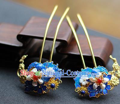 Chinese Ancient Empress Blueing Hairpins Traditional Ming Dynasty Pearls Hair Sticks