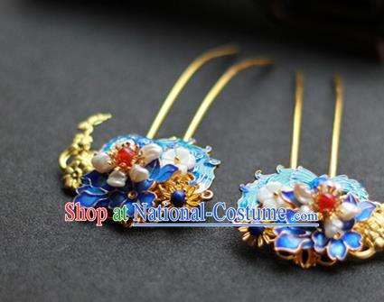 Chinese Ancient Empress Blueing Hairpins Traditional Ming Dynasty Pearls Hair Sticks