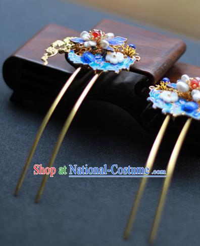 Chinese Ancient Empress Blueing Hairpins Traditional Ming Dynasty Pearls Hair Sticks