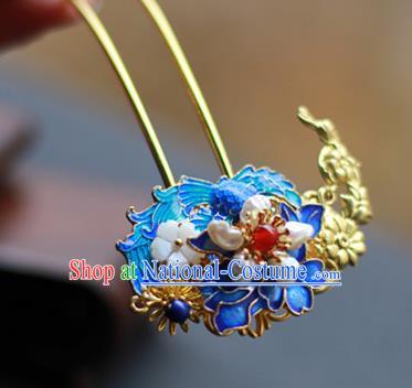 Chinese Ancient Empress Blueing Hairpins Traditional Ming Dynasty Pearls Hair Sticks