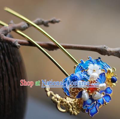 Chinese Ancient Empress Blueing Hairpins Traditional Ming Dynasty Pearls Hair Sticks