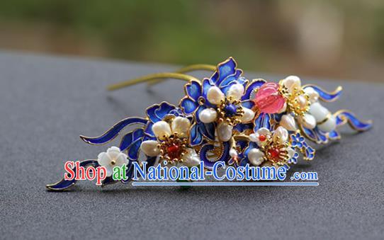 Chinese Ancient Court Woman Pearls Hairpin Traditional Ming Dynasty Blueing Hair Crown