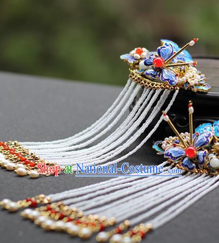 Chinese Traditional Ming Dynasty Pearls Tassel Hair Stick Ancient Imperial Concubine Blueing Butterfly Hairpin