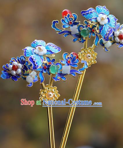 Chinese Ancient Queen Blueing Butterfly Hairpin Traditional Ming Dynasty Jade Pearls Hair Stick