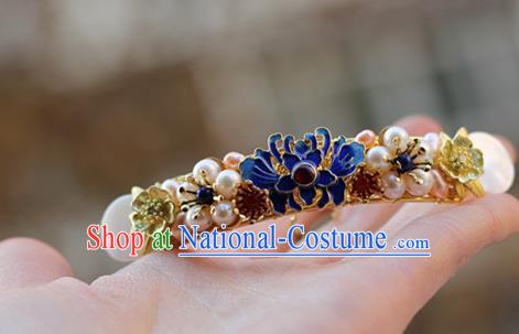 Chinese Ancient Palace Lady Pearls Hairpin Traditional Ming Dynasty Cloisonne Chrysanthemum Hair Stick