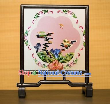 China Embroidered Desk Screen Double Side Suzhou Embroidery Silk Craft Handmade Blackwood Table Ornament