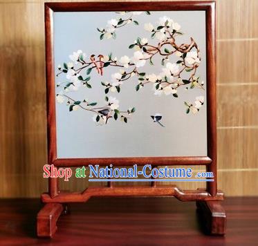 China Handmade Rosewood Table Ornament Embroidered Mangnolia Desk Screen Double Side Suzhou Embroidery Silk Craft