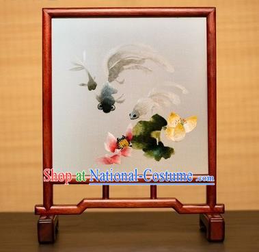 China Double Side Suzhou Embroidery Silk Craft Handmade Rosewood Table Ornament Embroidered Lotus Goldfish Desk Screen