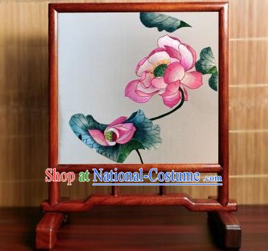 China Traditional Double Side Embroidered Lotus Desk Screen Handmade Rosewood Table Furniture