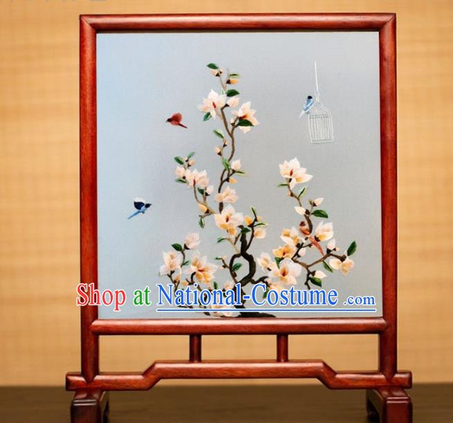 China Handmade Rosewood Craft Table Decoration Traditional Suzhou Embroidered Mangnolia Desk Screen