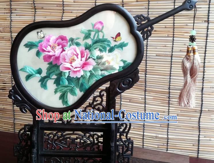 China Handmade Blackwood Gourd Decoration Traditional Double Side Embroidered Peony Desk Screen