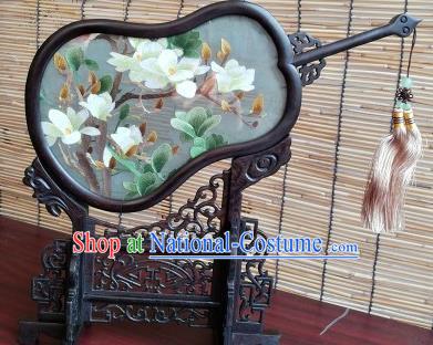 China Traditional Suzhou Embroidered Craft Handmade Blackwood Gourd Desk Decoration Embroidery Mangnolia Table Screen