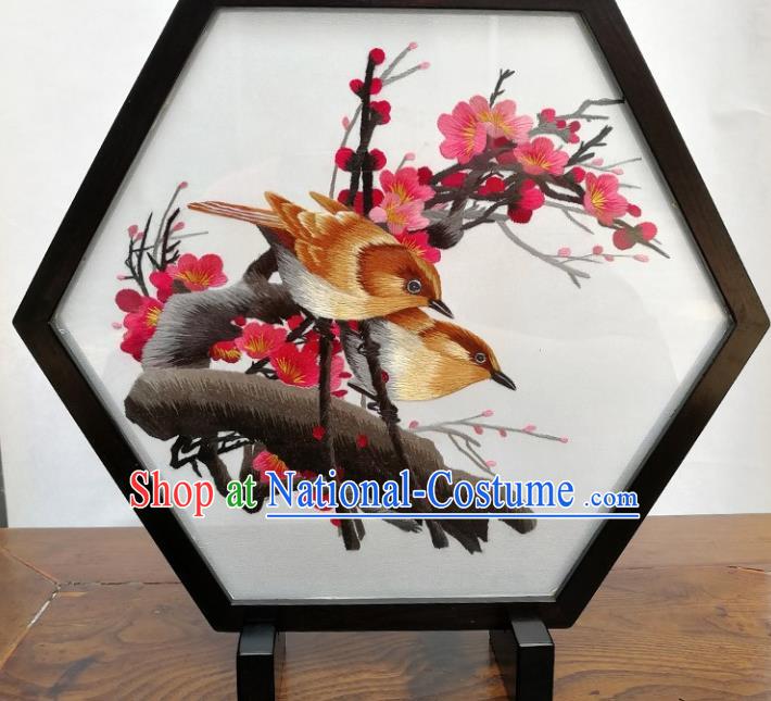 China Traditional Suzhou Embroidered Plum Birds Craft Handmade Blackwood Desk Decoration Embroidery Hexagon Table Screen