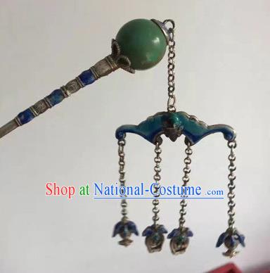 Chinese Traditional Qing Dynasty Silver Hair Stick Ancient Empress Cloisonne Bat Tassel Hairpin