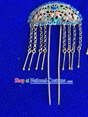 Chinese Ancient Court Lady Cloisonne Hairpin Traditional Qing Dynasty Silver Tassel Hair Stick