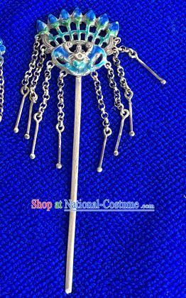 Chinese Traditional Qing Dynasty Silver Tassel Hair Stick Ancient Court Lady Cloisonne Bat Hairpin