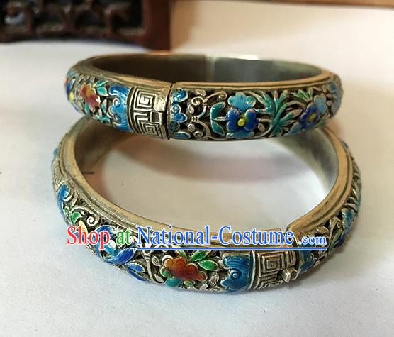 Handmade China Ethnic Carving Silver Bangle National Wedding Cloisonne Bracelet Accessories