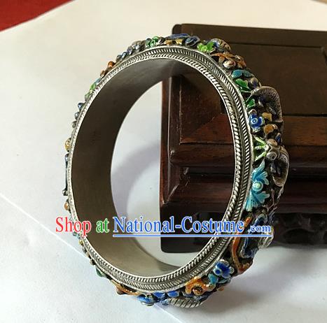 Handmade China National Cloisonne Bracelet Accessories Ethnic Silver Carving Dragon Bangle