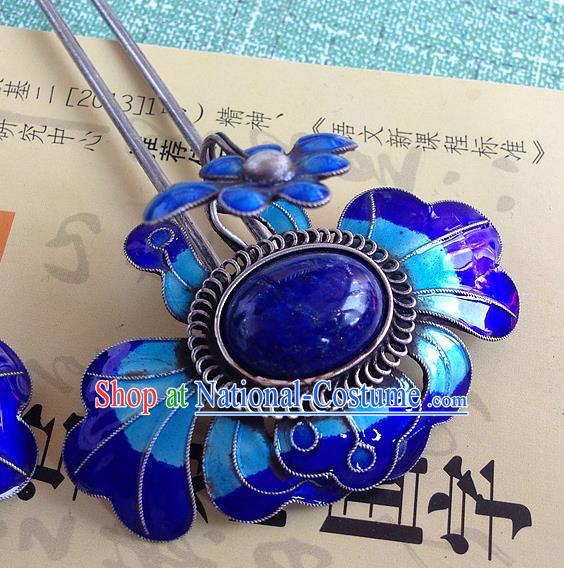 Chinese Ancient Queen Lapis Hair Stick Traditional Qing Dynasty Enamel Peony Hairpin