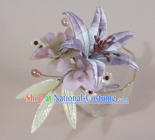 Chinese Ancient Princess Shell Leaf Hair Clip Traditional Hair Accessories Lilac Silk Lily Flower Hairpin