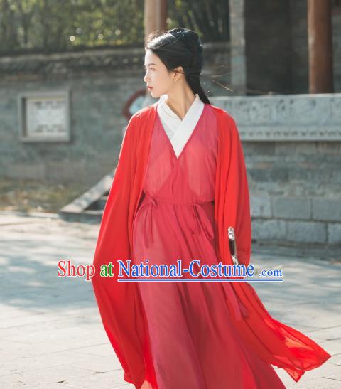 China Traditional Jin Dynasty Swordswoman Historical Clothing Ancient Princess Red Chiffon Hanfu Dress