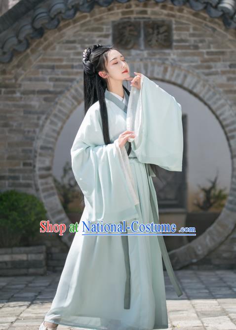 China Ancient Young Beauty Green Hanfu Dress Traditional Jin Dynasty Historical Clothing for Women