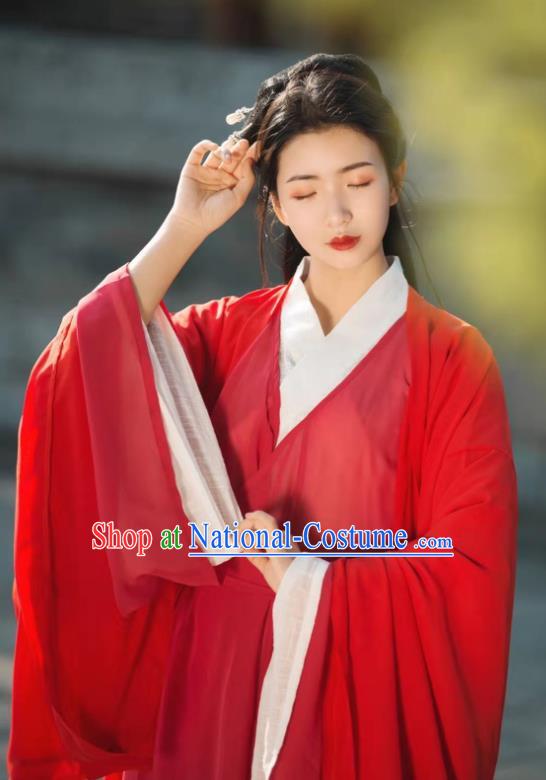 China Traditional Jin Dynasty Swordswoman Historical Clothing Ancient Princess Red Chiffon Hanfu Dress