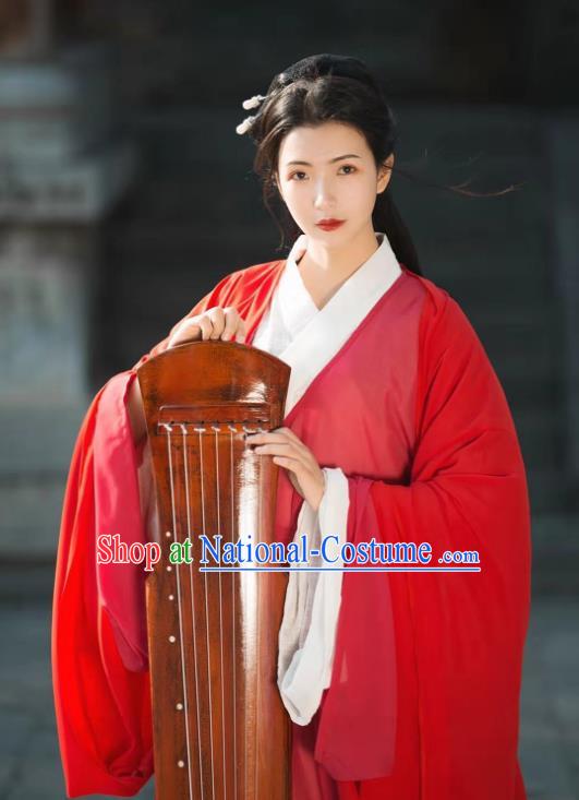 China Traditional Jin Dynasty Swordswoman Historical Clothing Ancient Princess Red Chiffon Hanfu Dress