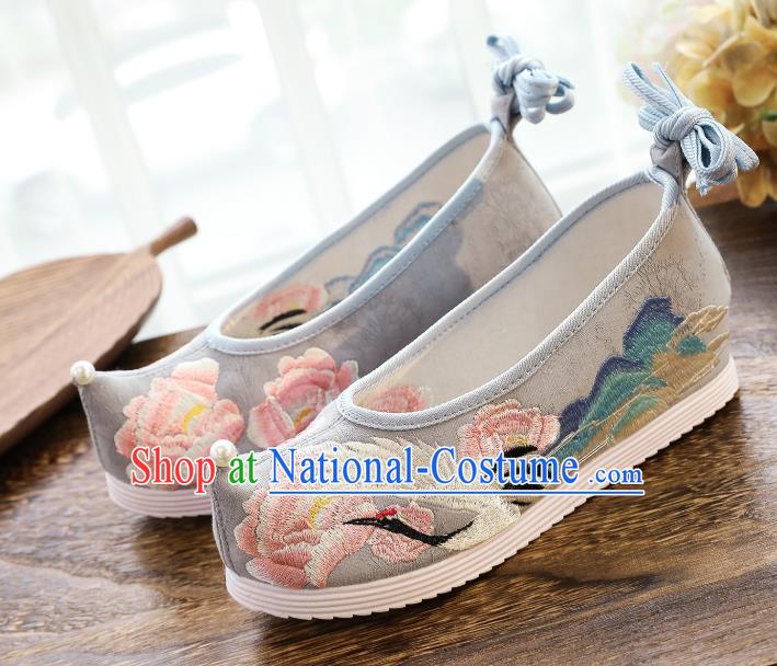 China Traditional Ming Dynasty Hanfu Shoes Handmade Princess Shoes National Embroidered Crane Grey Shoes