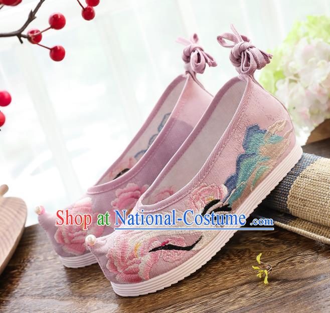 China National Embroidered Crane Pink Shoes Traditional Ming Dynasty Hanfu Shoes Handmade Princess Shoes