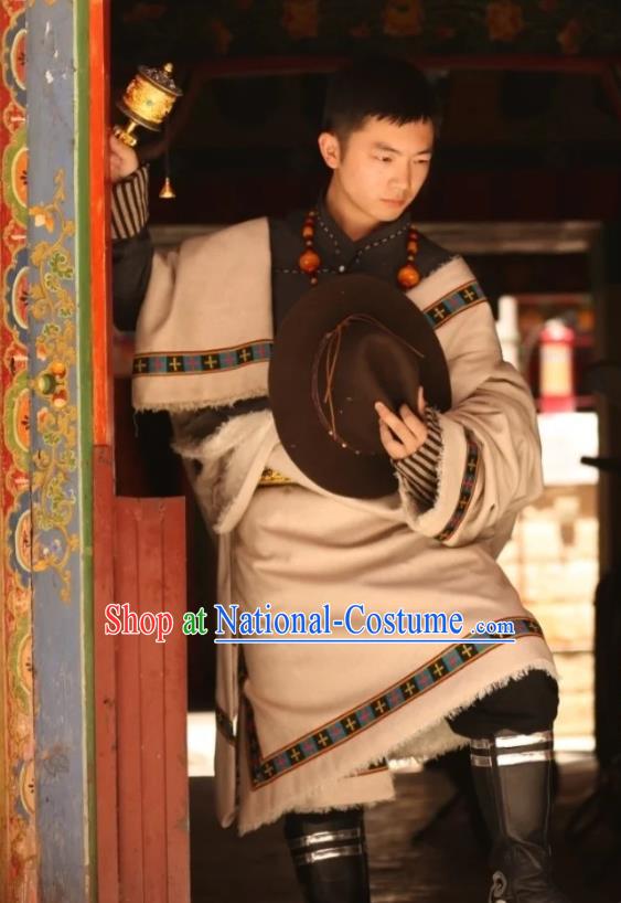 Chinese Xizang Ethnic Minority Beige Tibetan Robe Traditional Zang Nationality Folk Dance Costumes