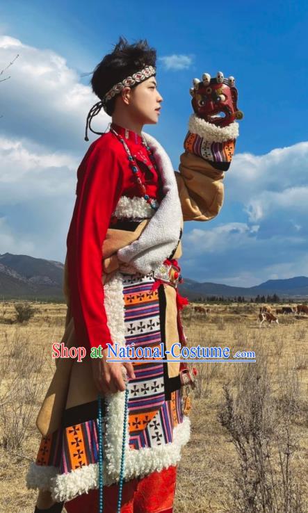 Chinese Xizang Ethnic Minority Khaki Tibetan Robe Traditional Zang Nationality Male Folk Dance Costumes