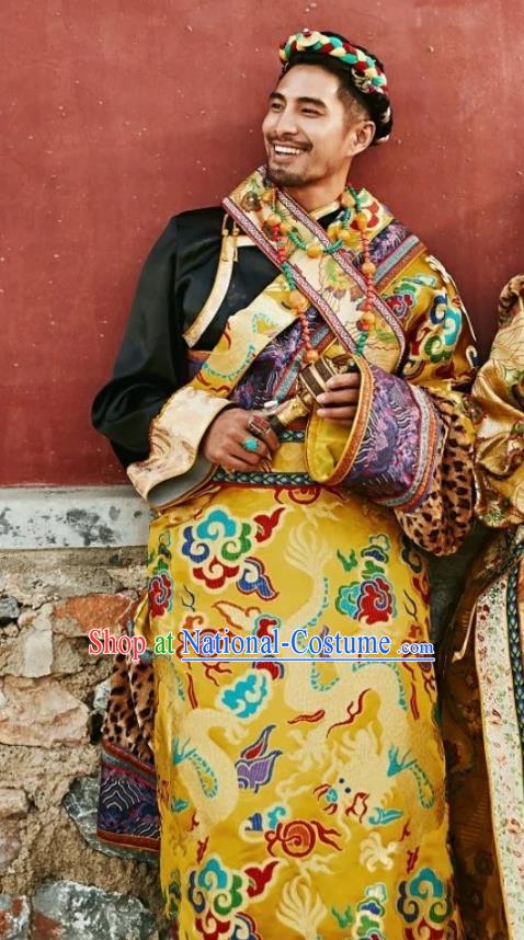 Chinese Xizang Ethnic Minority Golden Brocade Tibetan Robe Traditional Zang Nationality Male Costumes