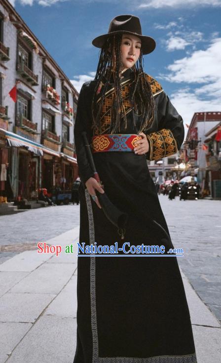 China Zang Nationality Black Bola Dress Traditional Xizang Tibetan Minority Stage Performance Clothing