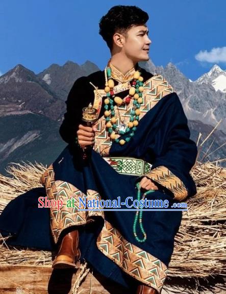 Chinese Xizang Ethnic Minority Wedding Royalblue Tibetan Robe Traditional Zang Nationality Stage Performance Costumes