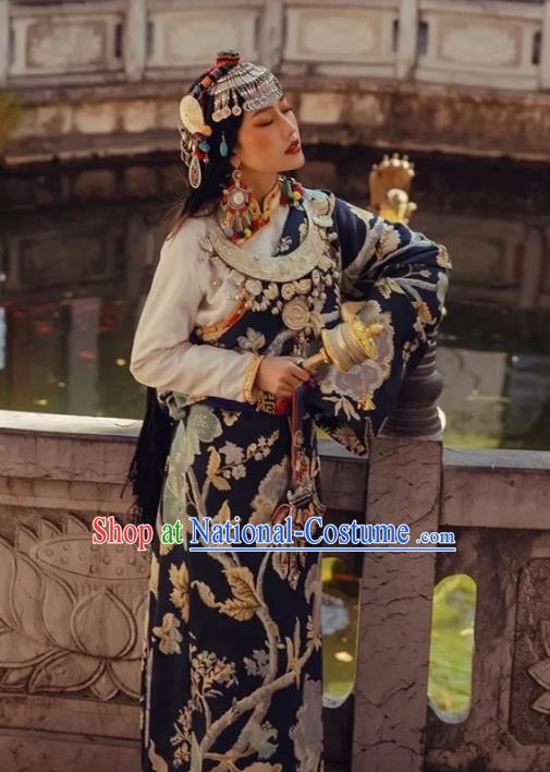 China Zang Nationality Stage Performance Navy Brocade Robe Traditional Xizang Tibetan Minority Wedding Clothing