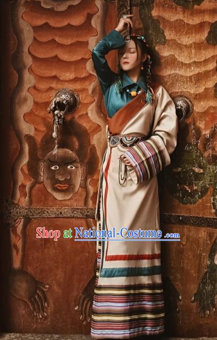 China Zang Nationality Female Blouse and Beige Robe Traditional Xizang Tibetan Minority Folk Dance Clothing