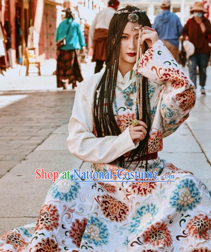 China Traditional Xizang Tibetan Minority Young Lady Clothing Zang Nationality Folk Dance Beige Brocade Robe