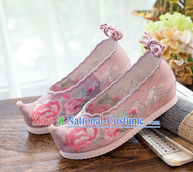 China Traditional Ming Dynasty Princess Shoes Handmade Pink Cloth Shoes National Embroidered Peony Hanfu Shoes